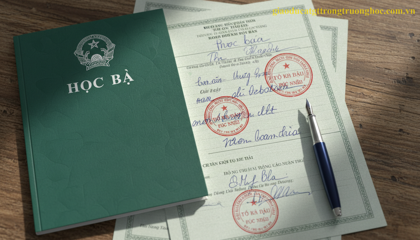 Hồ sơ học bạ THPT bản chính và giấy giới thiệu chuyển trường có đóng dấu đỏ pháp lý.