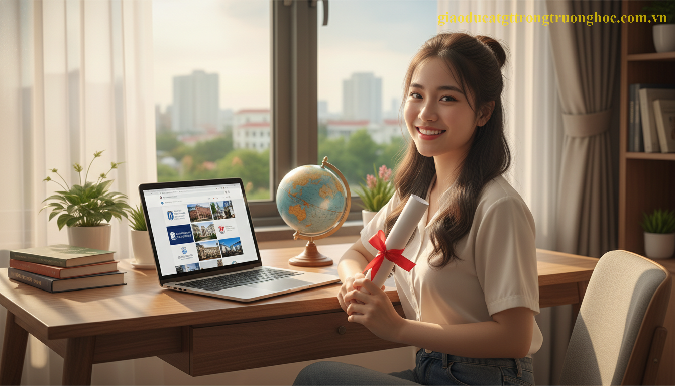 Học sinh Việt Nam cầm bằng tốt nghiệp GDTX chuẩn bị hồ sơ du học quốc tế chuyên nghiệp