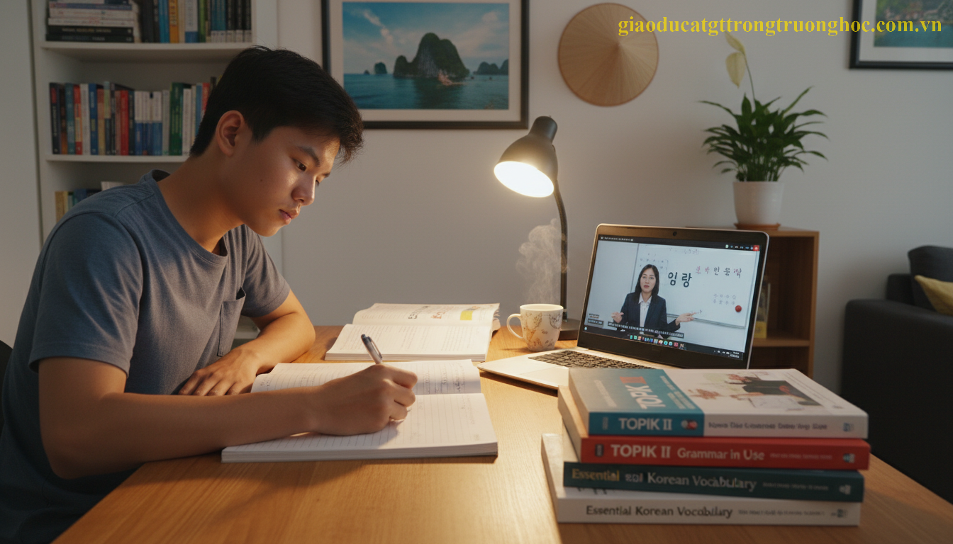 Học sinh Việt Nam chăm chỉ ôn luyện tiếng Hàn để cải thiện hồ sơ du học GDTX.