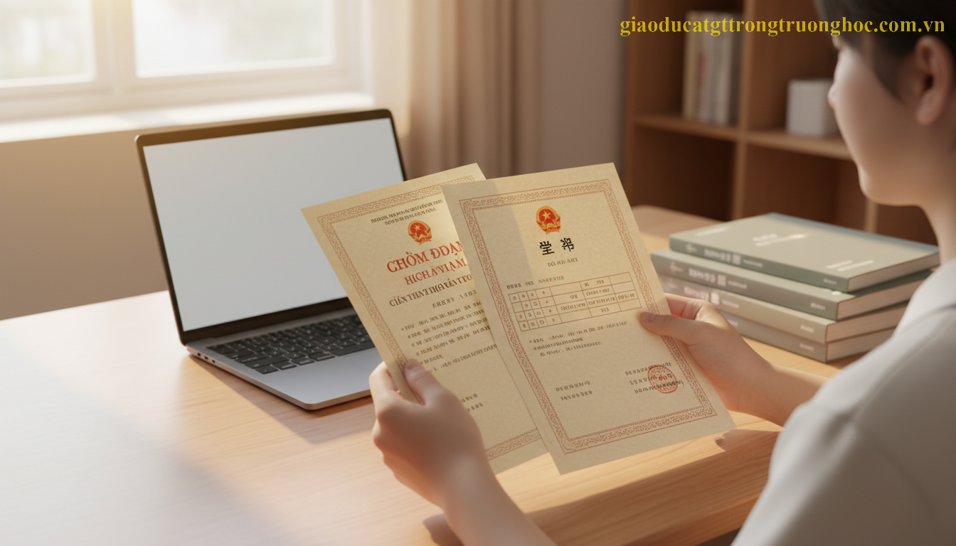 Học sinh Việt Nam chuẩn bị hồ sơ học bạ và bằng tốt nghiệp GDTX du học Hàn Quốc.